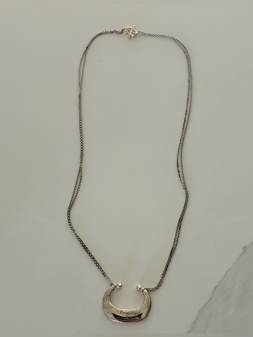 Silver Crescent Pendant Necklace with Signature Detail-Longfellow quote